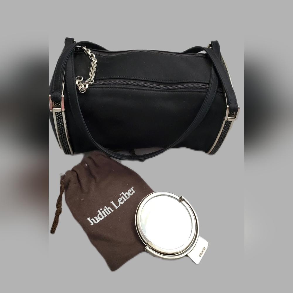 Vintage Judith Leiber Black Satin Handbag with Mirror